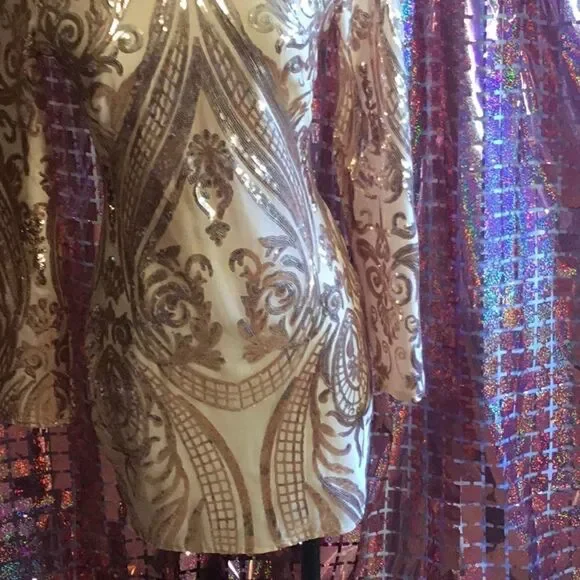 NWOT long sleeved dress with nude underlay & rose gold sequins throughout SM - Picture 4 of 14